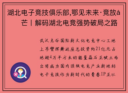 湖北电子竞技俱乐部,鄂见未来·竞放光芒丨解码湖北电竞强势破局之路